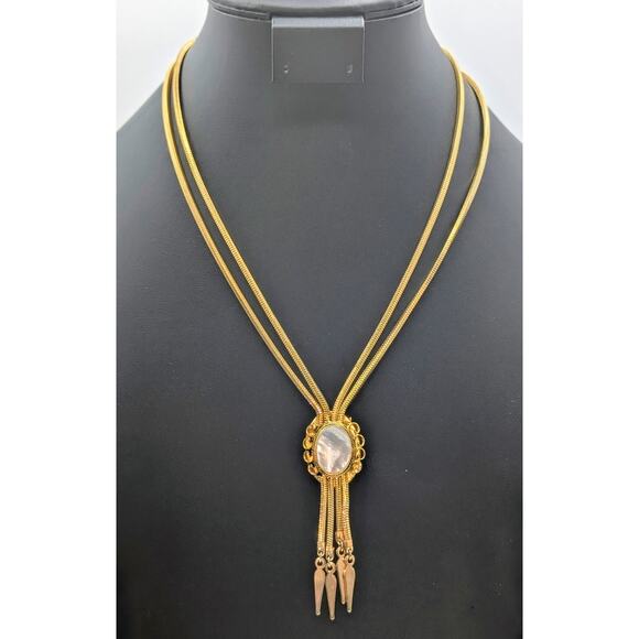 Vtg Yellow Gold Plated Double Snake Chain MOP Glass Tassel 17"-20.5" Necklace - Picture 1 of 8